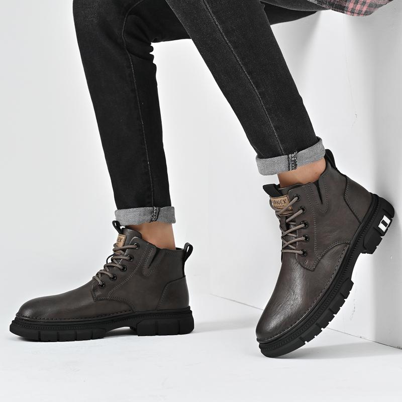 Versatile Outdoor High-end High Quality Leather Ankle Boots Men Lace Up Thick Soled Boots High Quality Waterproof New Men Boots