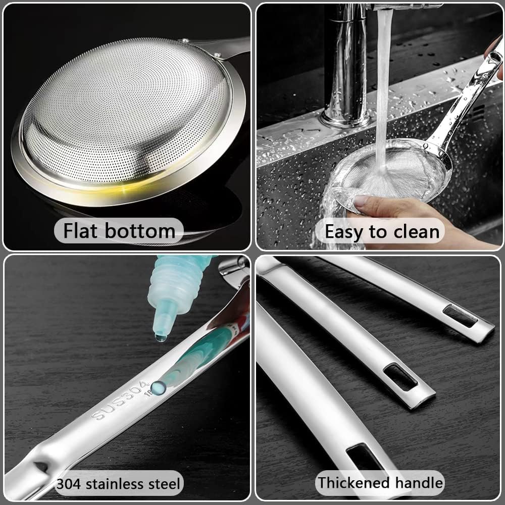 Sieve Fine Mesh Strainer Set Stainless Steel Metal Flat Cooking Skimmer Ladle Colander With Handle Food Strainer Kitchen Tools For Kitchen Baking Oil