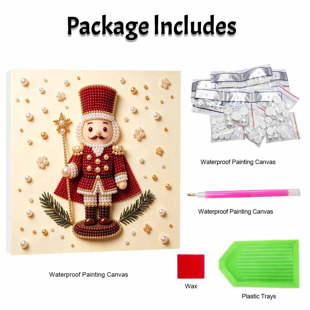 5D Framed Pearl Art Kit with Christmas Nutcracker and Pine Branches Sparkling Bead Canvas DIY Handmade Craft for Kids Bedroom Wall Decor Gift