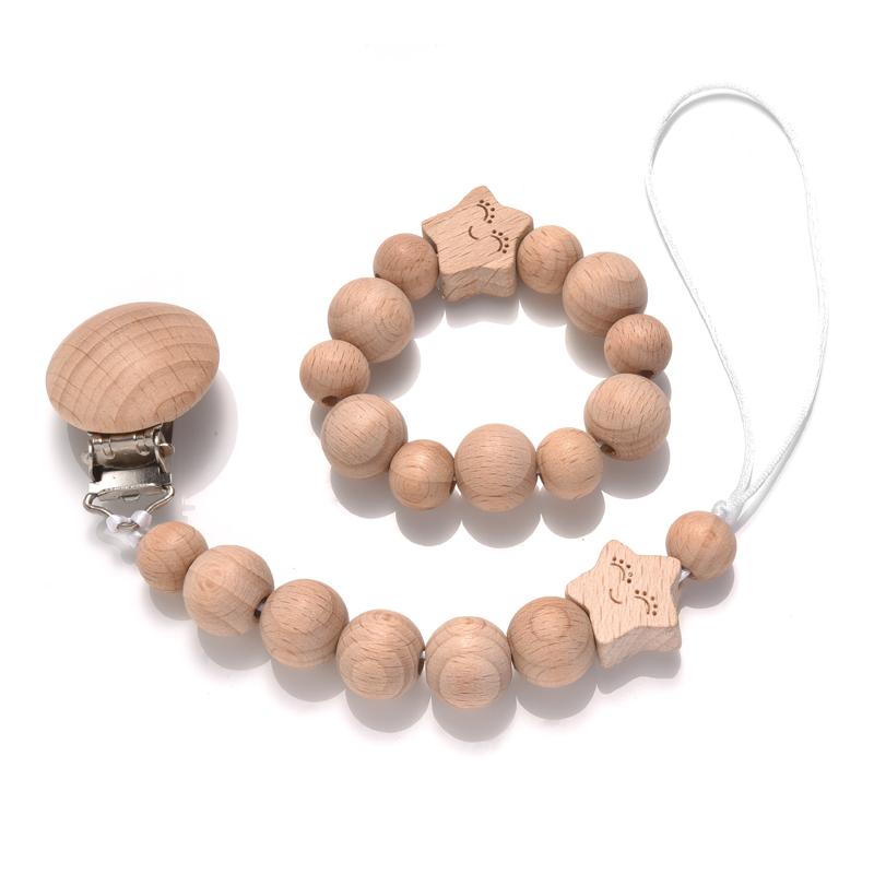 Baby Beech Wood Pacifier Clip Hand Ring Set Wooden Round Bead Soother Nipple Chain For Nursing Toy Infant Teether Teething Chain