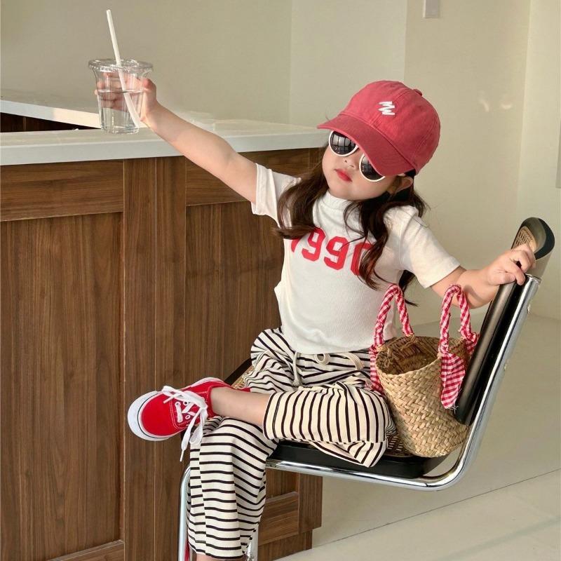 New Girls Short Sleeve Suits Summer Kids T-Shirt Clothing Sets Irregular Tops+Stripes Pants 2Pcs Children Fashion Outfits