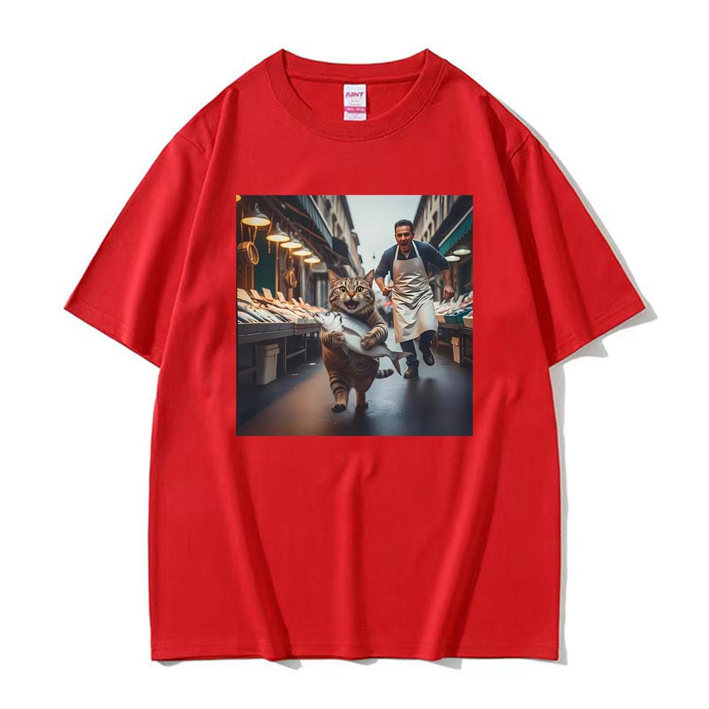 Funny Cat Stealing Fish Print Tshirts Unisex Women Clothing Vintage Casual Oversized High Quality T Shirt Short Sleeves Summer Tee