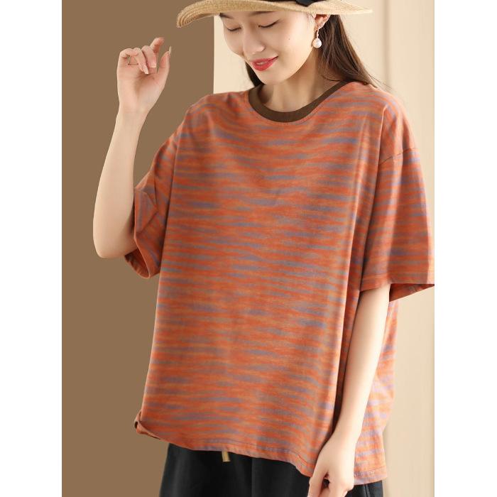 

Новый стиль литературной ретро женской футболки с короткими рукавами летом свободный пуловер полосатый универсальный повседневный топ, закрывающий живот 2XL оранжевый