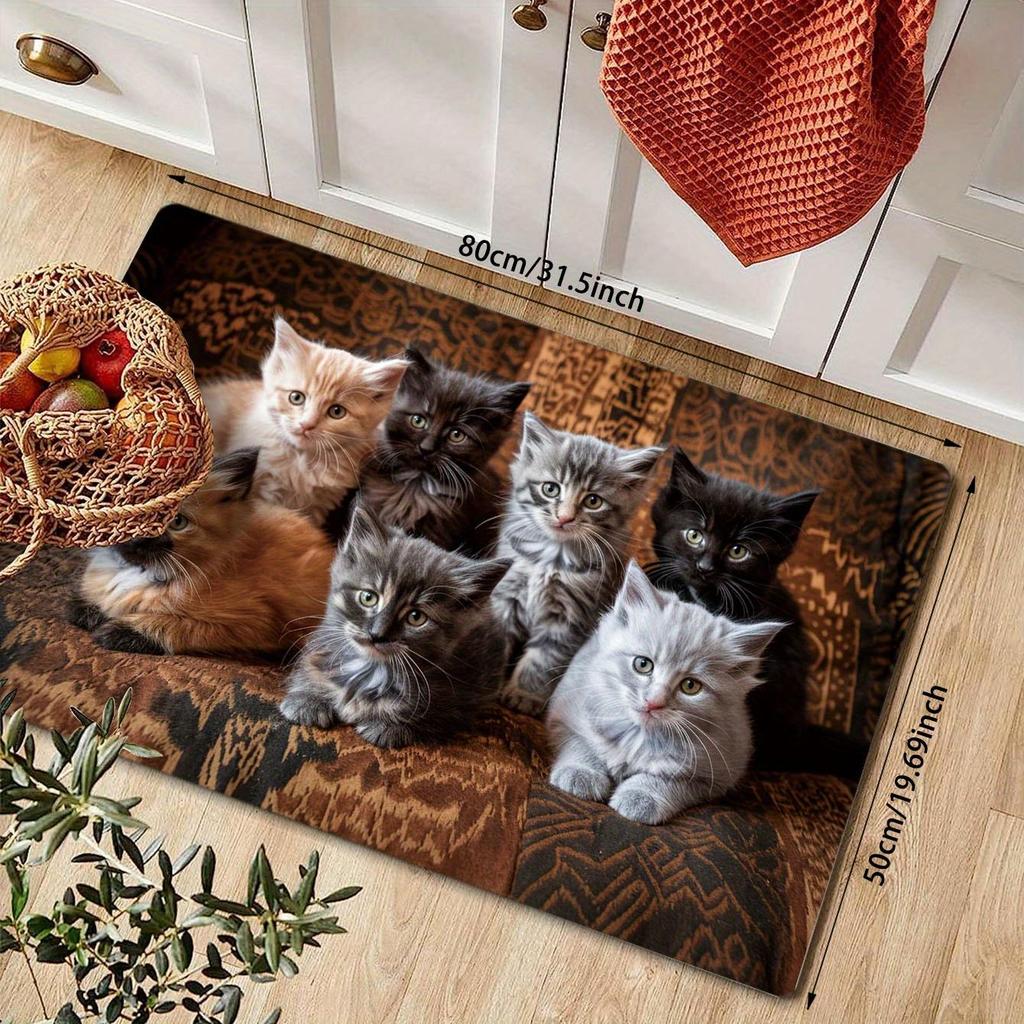 Non-Slip Waterproof Kitchen Mat with Kitten Print - Thick Cushioned Anti-Fatigue Comfort, Heavy Duty, 60cm X 180cm