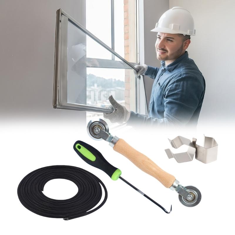 Screen Repair Tool Set With Wooden Roller Spline and Removal Hook For Window Door Meshes Replacement