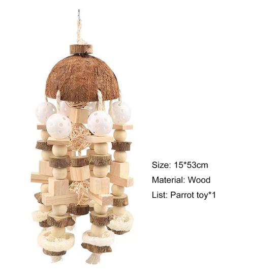 Parrot Chew Toy Coconut Shell Hanging Toy Natural Wooden Blocks Parrot Cage Bite