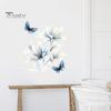 Botanical Wall Accents for Modern Interior Ink-Washed Blue Floral Stickers with Butterflies, Delicate Lily Peel And Stick Decals Living Room