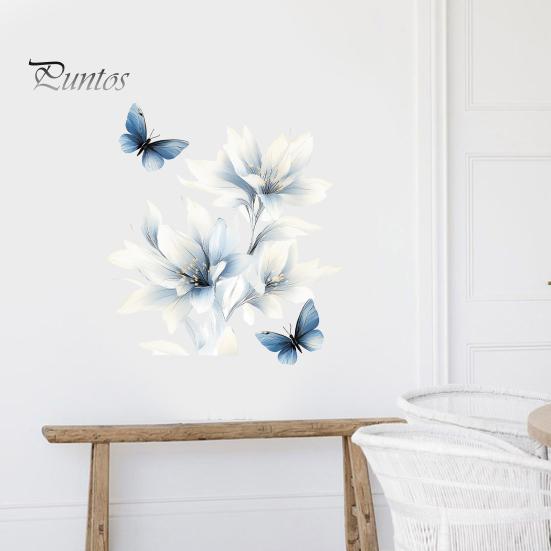 Botanical Wall Accents for Modern Interior Ink-Washed Blue Floral Stickers with Butterflies, Delicate Lily Peel And Stick Decals Living Room