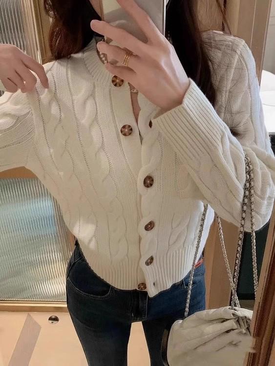 Cardigan lavorato a maglia grossa in lana con cavi e ricamo di pony vintage, maglione invernale da donna con scollo rotondo.