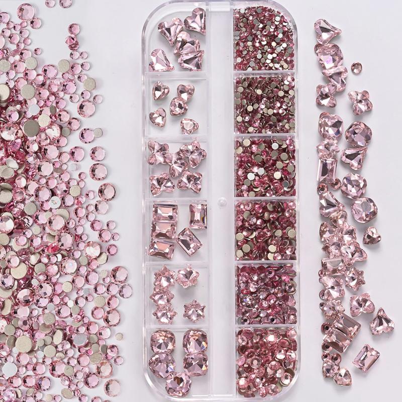 12-Grid 3D Nail Art Rhinestones Set Super-Shiny Flatback Adhesive Rhinestones for DIY Decorative Nail Art Multiple Shapes