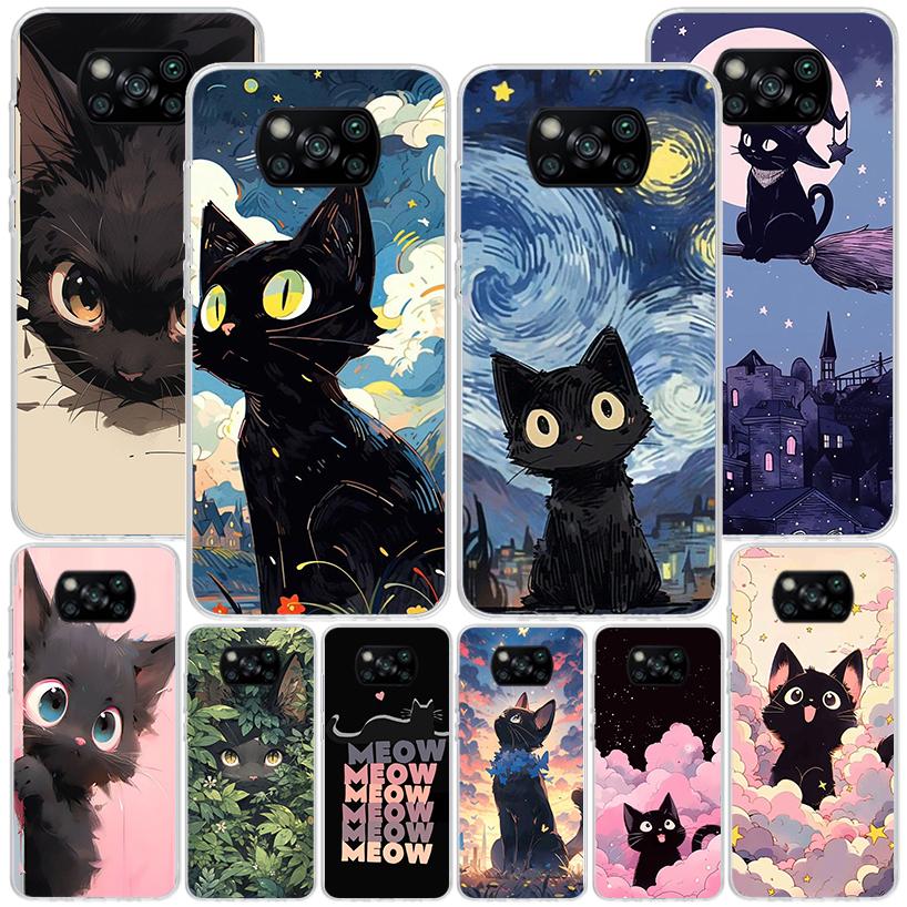 Anime Cute Black Cat Meow Phone Case For Xiaomi Poco X7 X6 X5 Pro F7 Ultra Redmi 15C 15 13C 13 12C 12 10 10A 10C 9 9A 9C 9T Cove