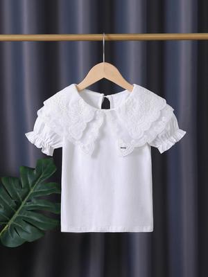 High-End Girls' Lace Collar White Summer Top - Thin Style, Short Sleeve