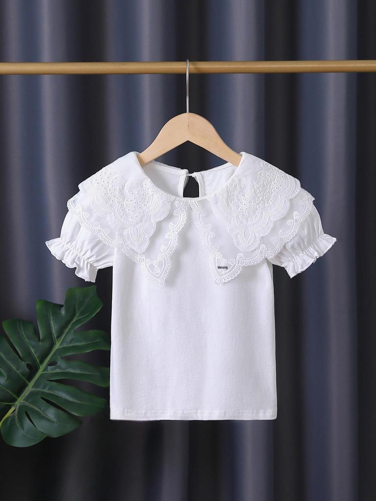 High-End Girls' Lace Collar White Summer Top - Thin Style, Short Sleeve