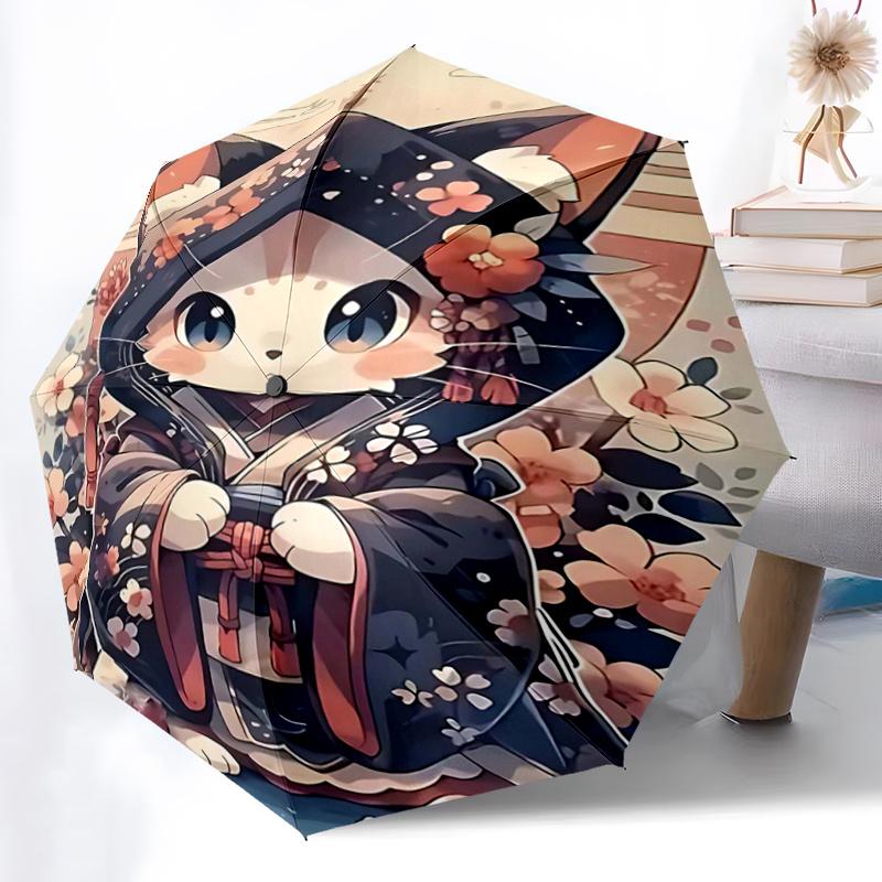 1pc Cute Cat Character Pattern Umbrella, Fashionable, Personalized, High-Value Folding Umbrella, a Must-Have for Summer, 8-Rib Durable Iron Frame, Tri
