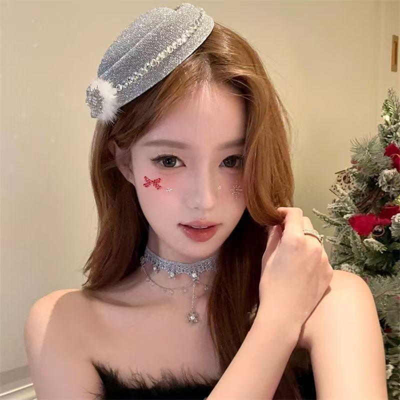 Elegant Rhinestone Pearl Snowflake Pompon Hair Clip - Festive Duckbill Headwear for Christmas