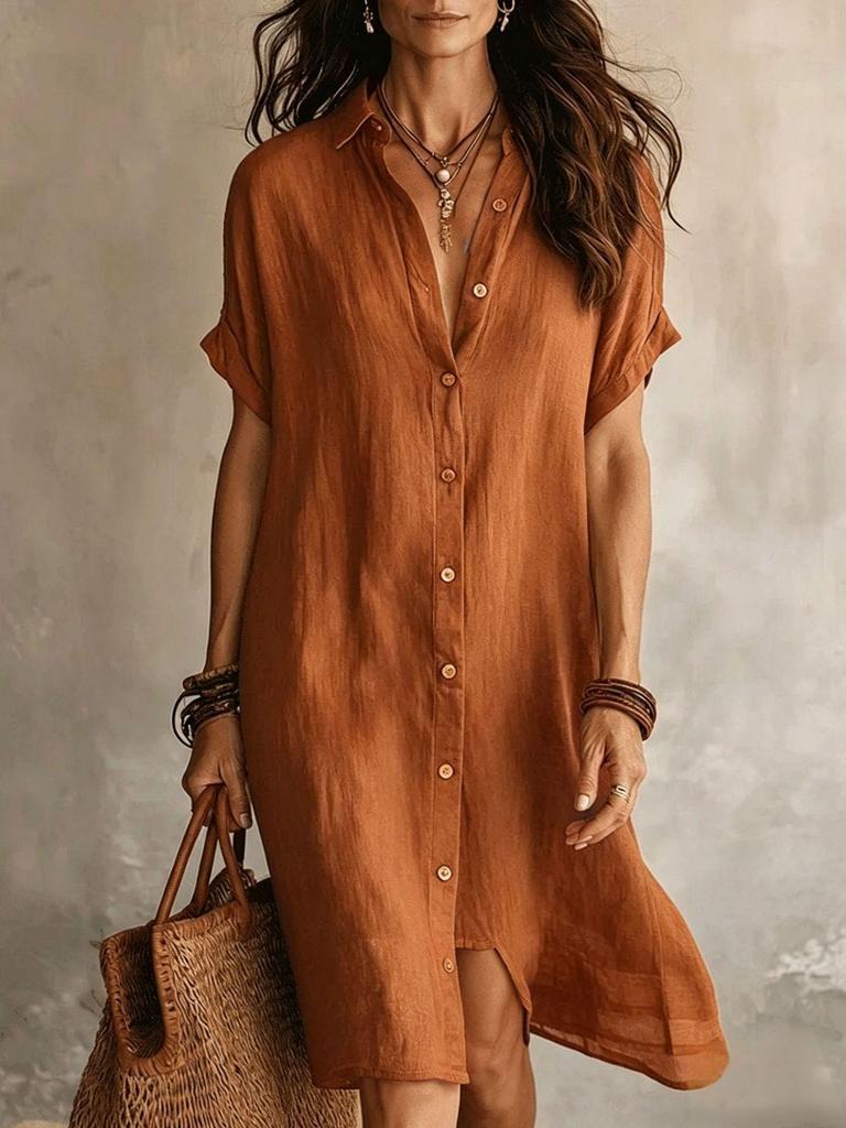 2026 European and American Spring/Summer Casual Cotton Linen Short Sleeve Shirt Dress