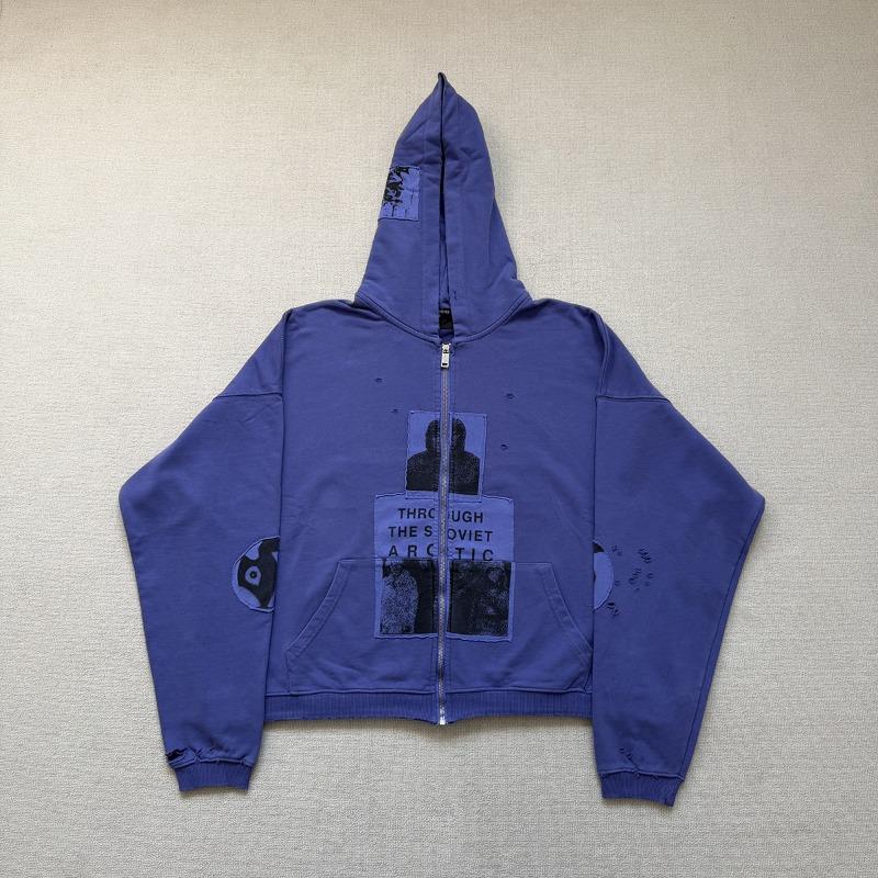 Front Pocket Distressed Hole Zipper Hooded Hoodies Mens Cardigan Streetwear Loose Baggy Sweatshirt Coat