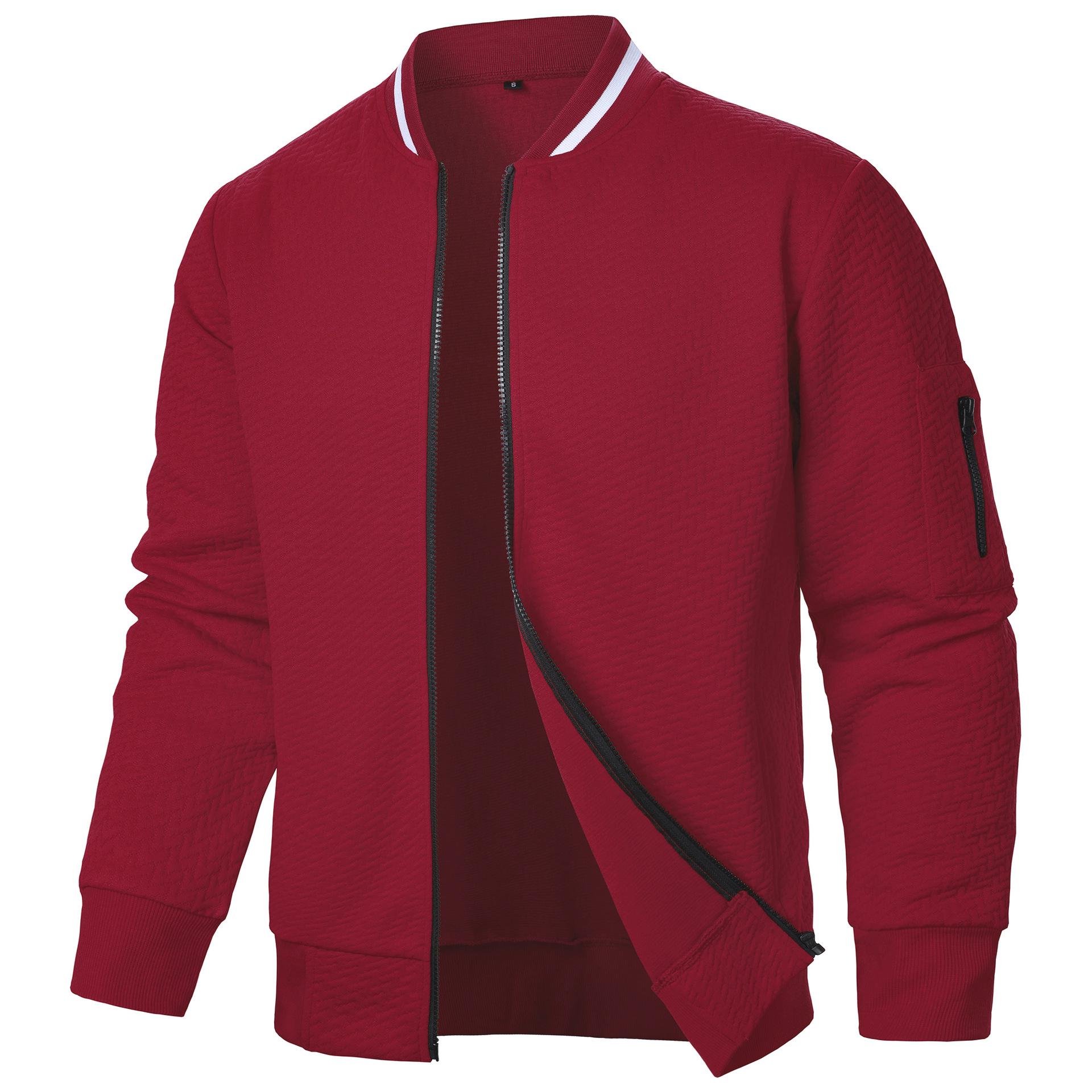 

Men s Zipper Stand Collar Hoodie Jacket - Casual Jacquard Cardigan XL вина червоного кольору