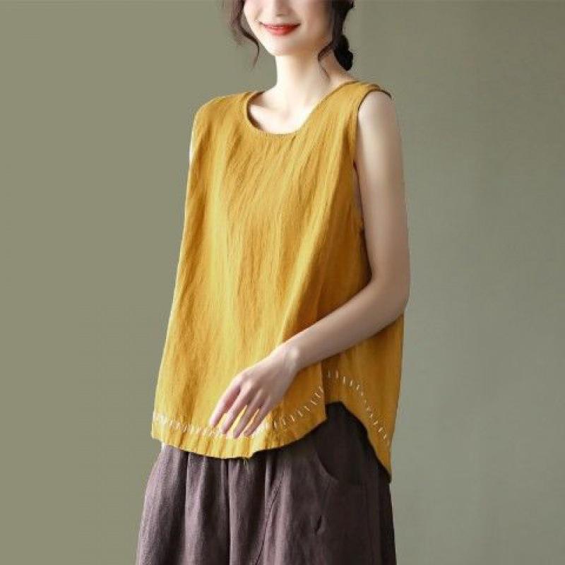 Top da Donna in Cotone e Lino a Colore Unito Stile Letterario con Bordi Ricamati Canotta Estiva Casual Harajuku Senza Maniche