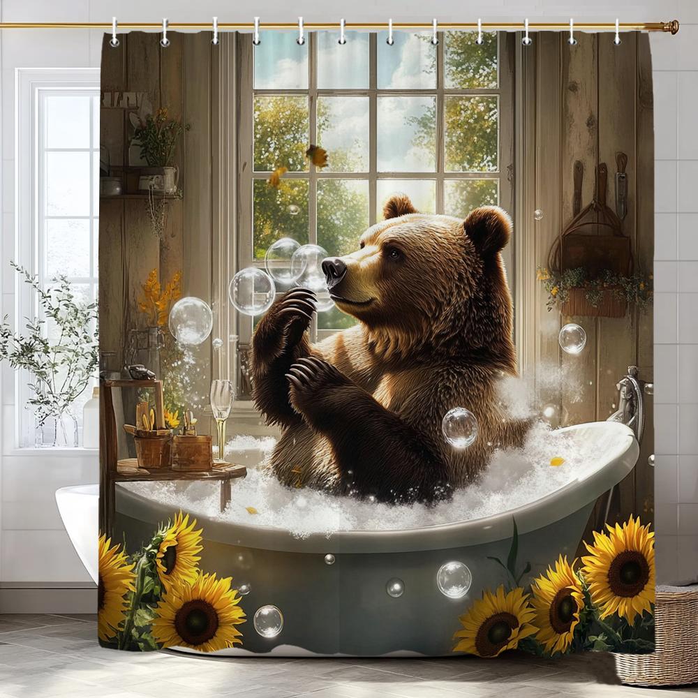 Fun Bathing Bubble Bear Animal Print Shower Curtain, Polyester Shower Curtain With Hooks For Bathroom Decorative Shower Curtain W60H190(CM)-1 Pcs
