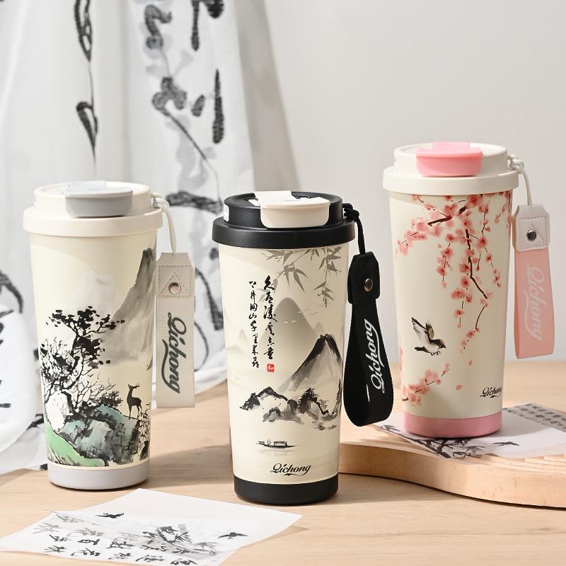 Chinese Ink Wash Portable Thermos: 316 Stainless Steel with Ceramic Liner, Double Lid for Coffee & Water