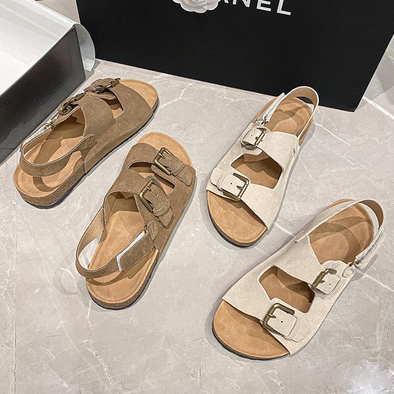Fashion 2024 Summer Women's Sandals Cow Suede Leather Cork Sandals Woman Two Buckle Outdoor Beach Sandals Girls Retro High Quality