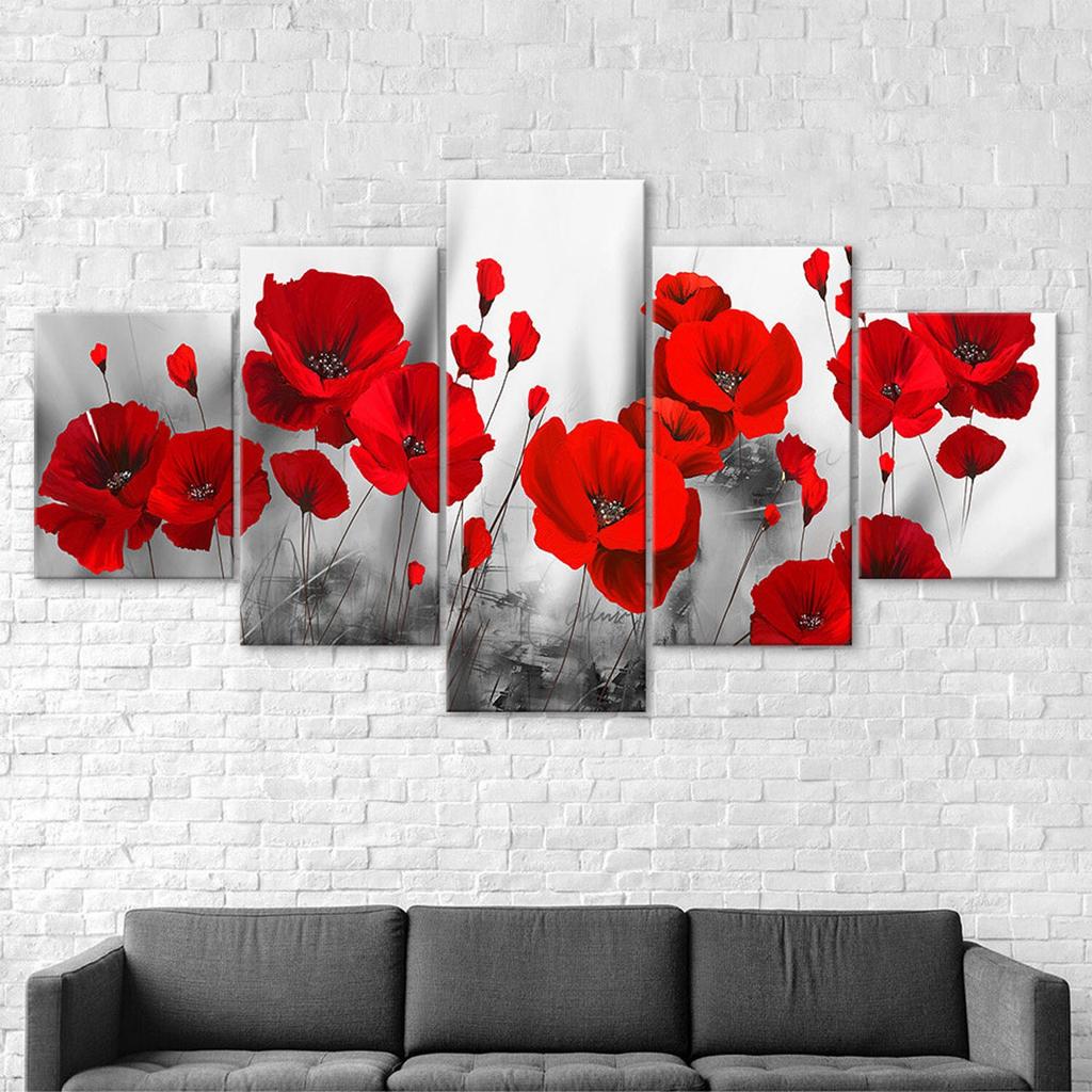 Red Poppy Flower Plant Abstract Scene 5 Piece Five Panel Wall Canvas Print Modern Art Poster Picture Home Decor Gift For Him For Her