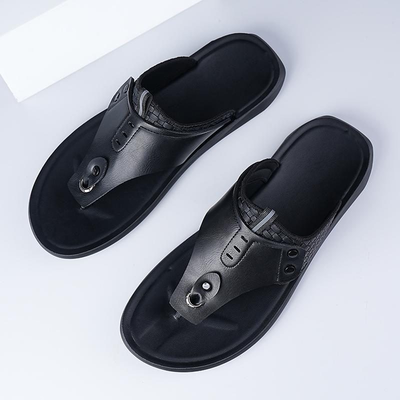 Men Flip Flops Flats Slippers Summer White Sandals Retro Black Leather Beach Shoes Plus Size