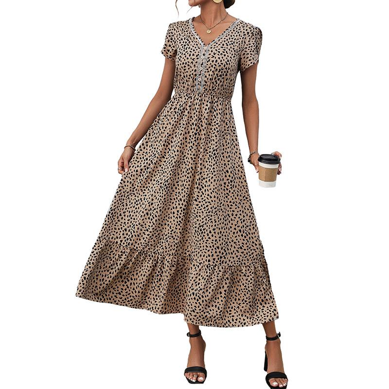 New versatile vacation retro style lace v-neck leopard print women's even