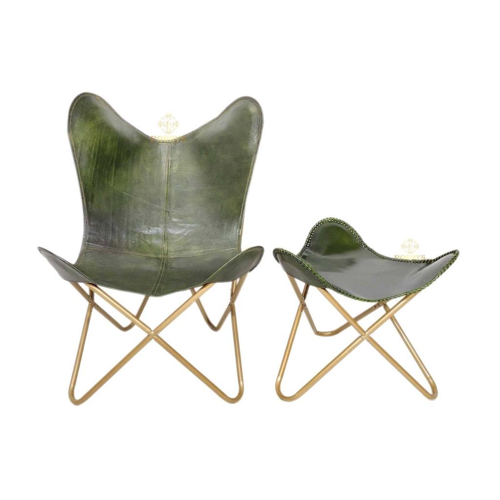 Green Leather Butterfly Chair & Ottoman - Handmade Relaxing Chair/Stool