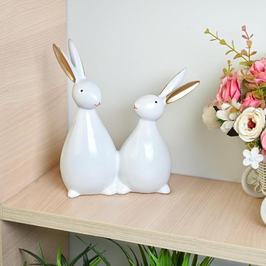 Cute White Rabbit Pair Showpiece – Decorative Bunny Figurines for Home, Bedroom, Living Room & Office Desk | Feng Shui Good Luck Gift,