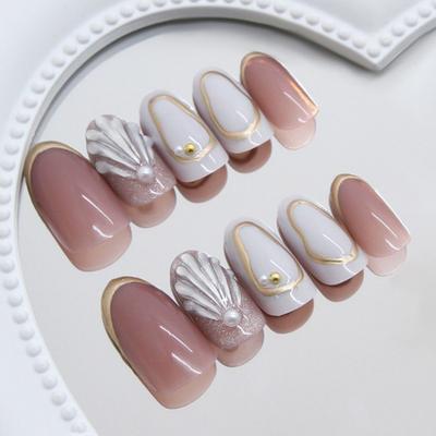 24 pièces Manucure Ovales Faux Ongles Œil de Chat Coquillage Perle Press-on Ongles Amovibles Français Faux Ongles DIY