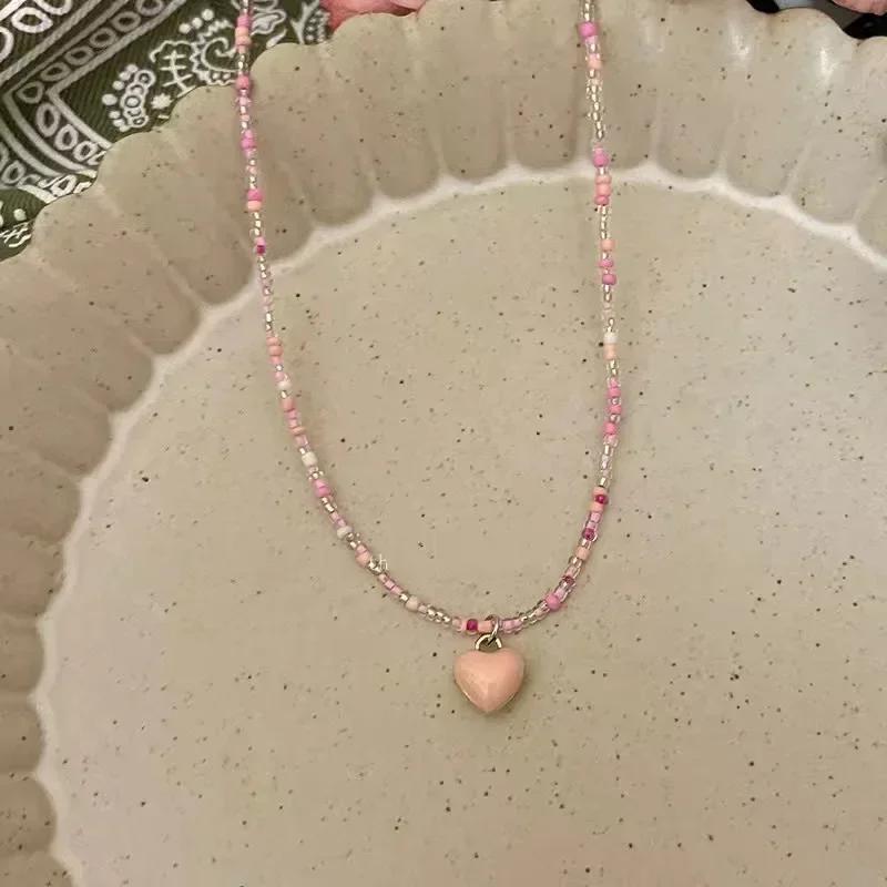 Candy Color Heart Beaded Necklace Sweet Romantic Pink Heart Pendant Earrings Freshwater Pearl Contrast Earring Korean Design