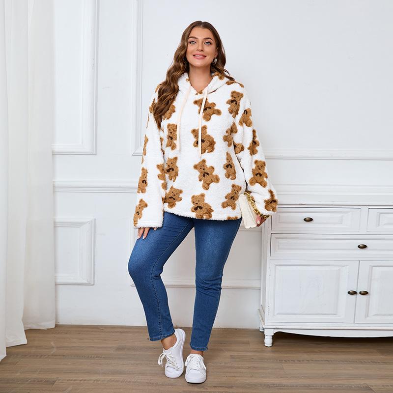 Neues Übergrößen-Doppelflanell-Kapuzensweatshirt Teddybär Plüsch Langarm-Pullover-Oberteil für Herbst/Winter