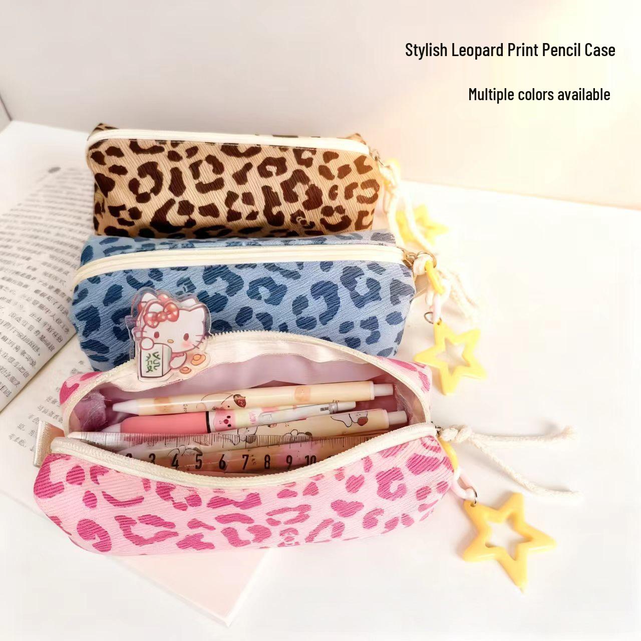 Leopard Print Canvas Pencil Case - Large Capacity for Students Blue Leopard Case