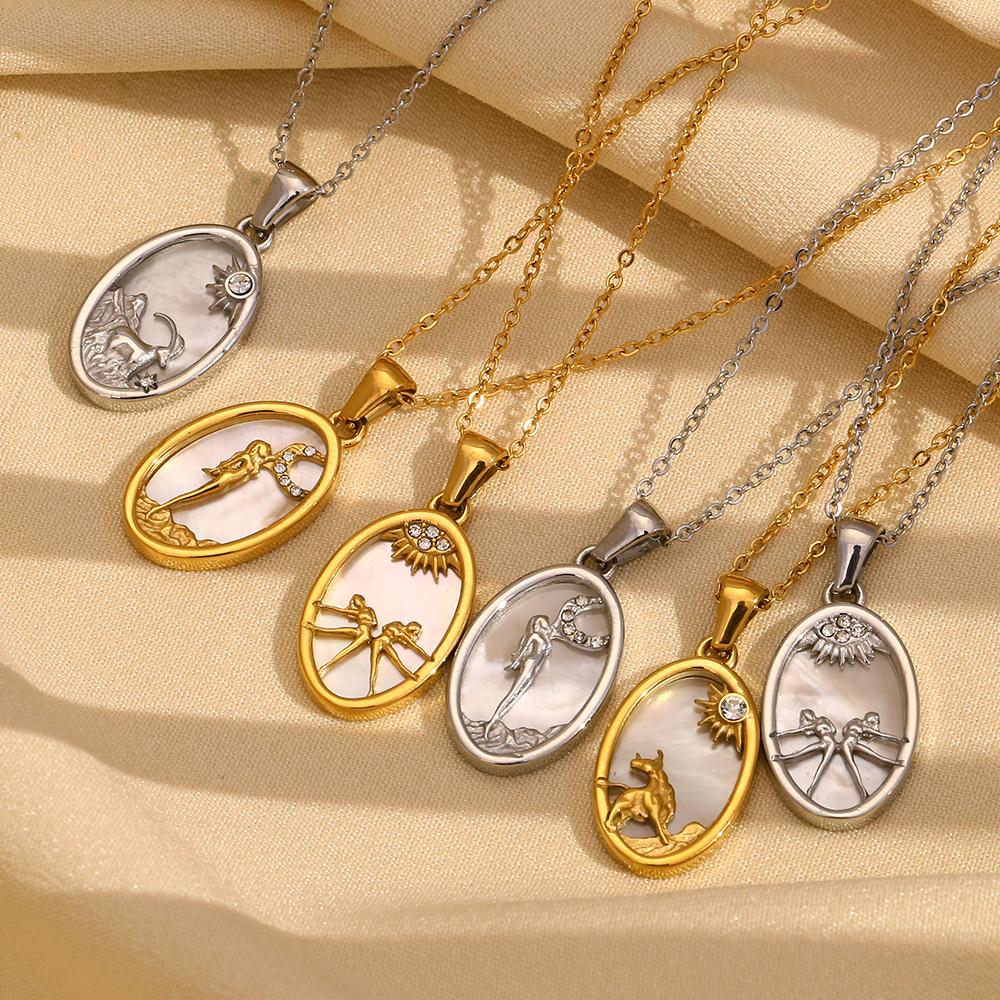 MamacitaLay 18K Gold Plated Stainless Steel Zircon Star Twelve Constellation Shell Necklace Women's Waterproof Neck Jewelry Gift