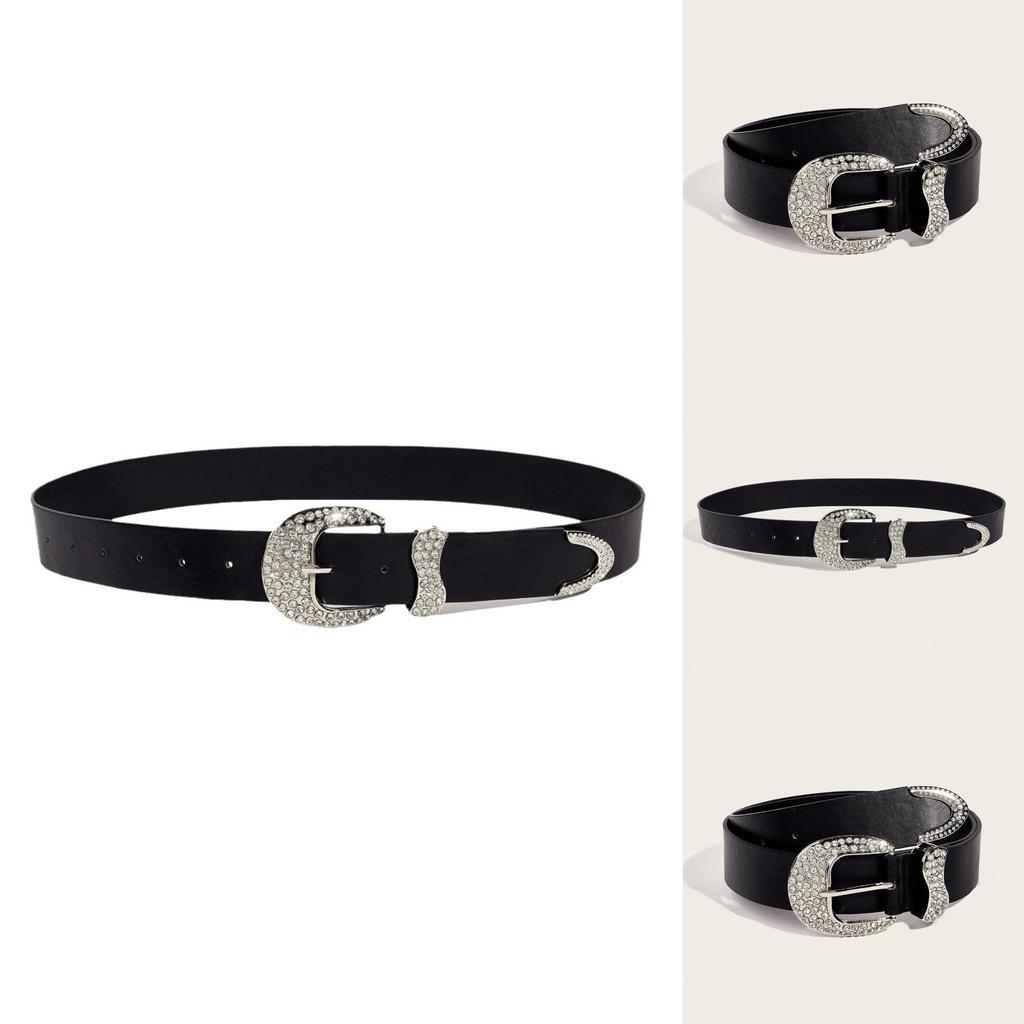 Black Vintage Decorative Rhinestone Belt Woman's Retro Style Alloy Buckle Personality Belt