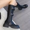 Fashion Comemore Brown Retro Thick-Soled Long Boots for Women Versatile Chunky Heel Retro Autumn Belt Buckle Platform Knee High Boots