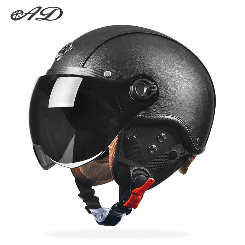 AD Retro Motorcycle Helmets with Harley Visor Leather Helmet for Man Electric Motorbike Vintage Protected Motor Safety Cap