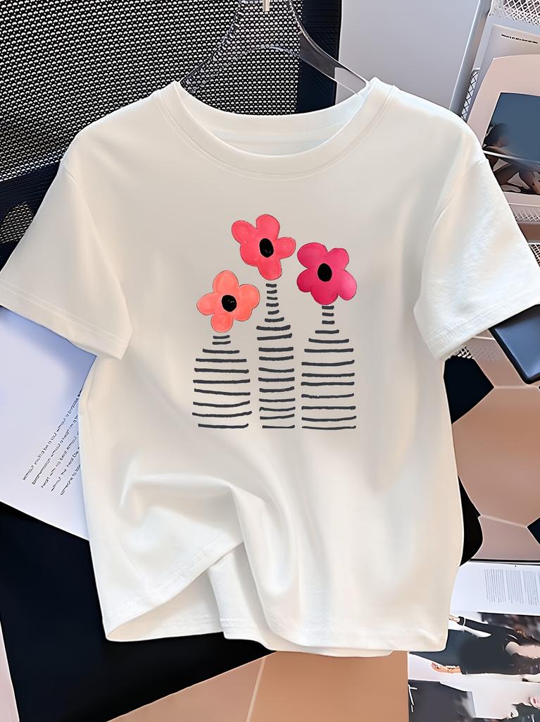 Unisexs Casual Elegant White Tshirt Floral And Striped Bottle Graphic Print Crew Neck Short Sleeve Vintage Style Comfortable