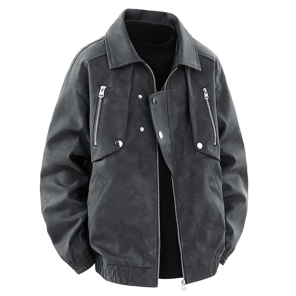 Men's Lapel Leather Jacket Men's Spring and Autumn American Trendy Versatile Zipper Pu Leather Jacket Jacket
