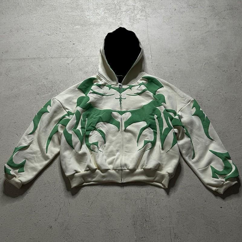 Unisex Streetwear Hooded Zip-Up Sweatshirt With 3D Foil Print Dark Aesthetic Regular Fit