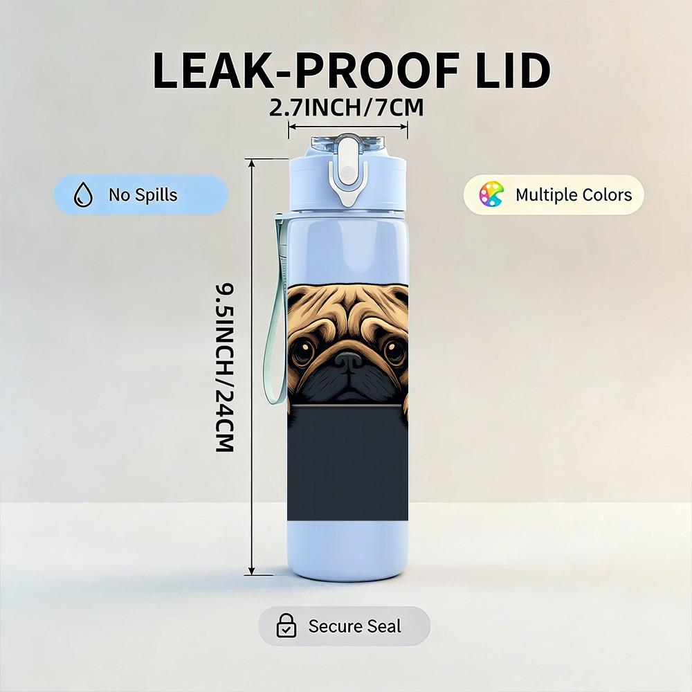 1 ks Mops Pes Vykukující Rám Tisk 750ml Barevná Plastová Sportovní Láhev na Vodu Nepropustné Sklopné Víčko se Slámkou Pro Sporty Kancelář Domácí Použití