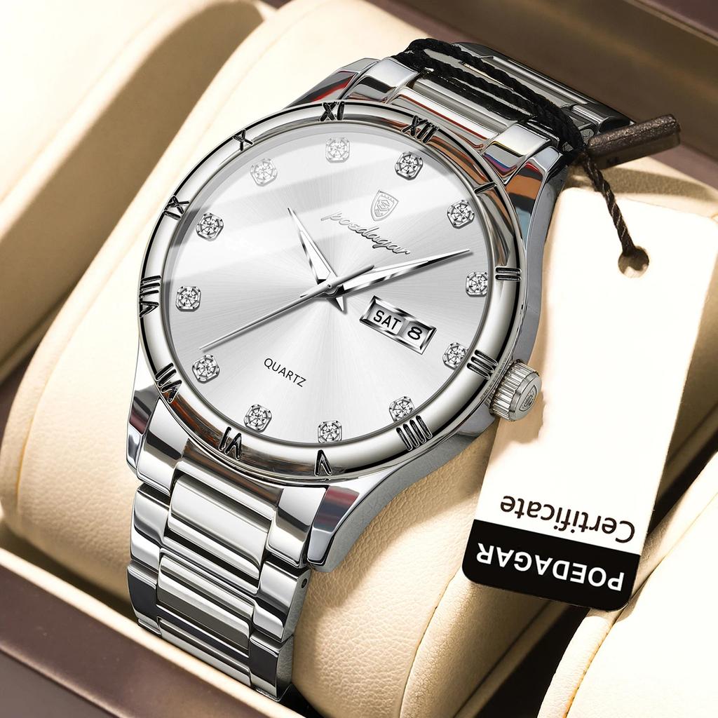 POEDAGAR Top Luxury Watch for Man Date Week Waterproof Luminous Wristwatch Quartz Stainless Steel Men's Watches Sports