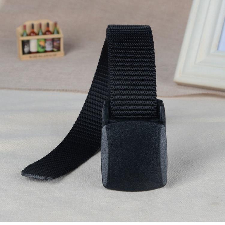 Ikke-metallisk sikkerhetsbelte i nylon med plastspenne, svart lerret og denimforlengelse, for utendørs bruk