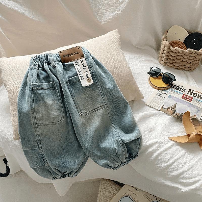 

Весна Осень Детские Джинсы для Девочек Мальчиков Хлопок Буква Наклейка Младенческие Малыши Мальчики Джинсовые Брюки Свободные Ретро Выстиранные Брюки для Малышей 120 синий