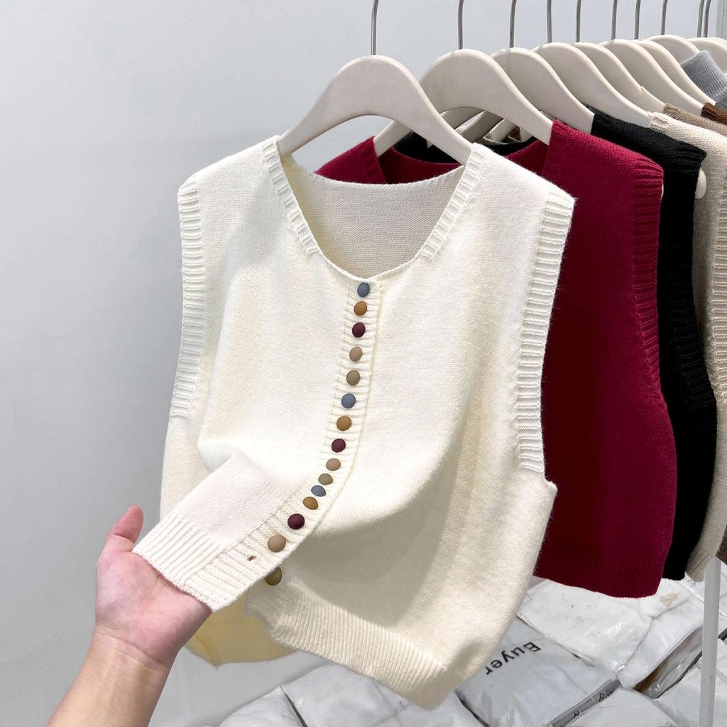 Korean, Rainbow, Single Breasted, Knitted Shoulder, Women's, Sweater, Stacked Cardigan, Vest