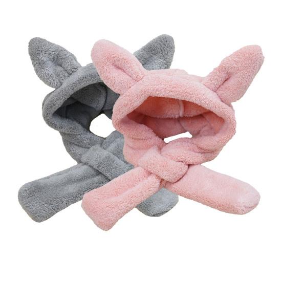 Comfortable Winter Dog Hat Scarf Coral Fleece Cat Headgear with Three-dimensional Ears Pet