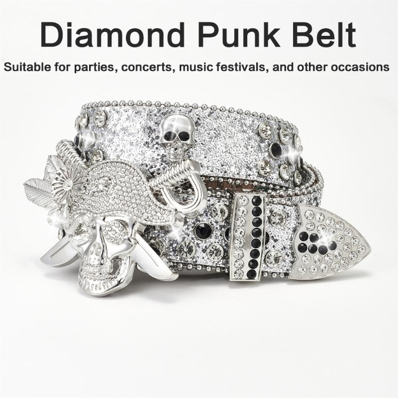 Rhinestones Skull Buckle Belt for Women Men Sequined Hiphop Belt for Pants Jeans Popular Rockers Belt Waist Accessories