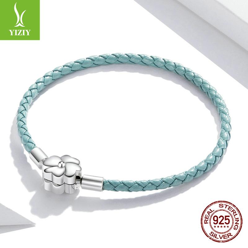 Gradual Change Four-Leaf Clover Leather Base Bracelet, Fashionable Diy925 Sterling Silver Woven Lucky Bracelet